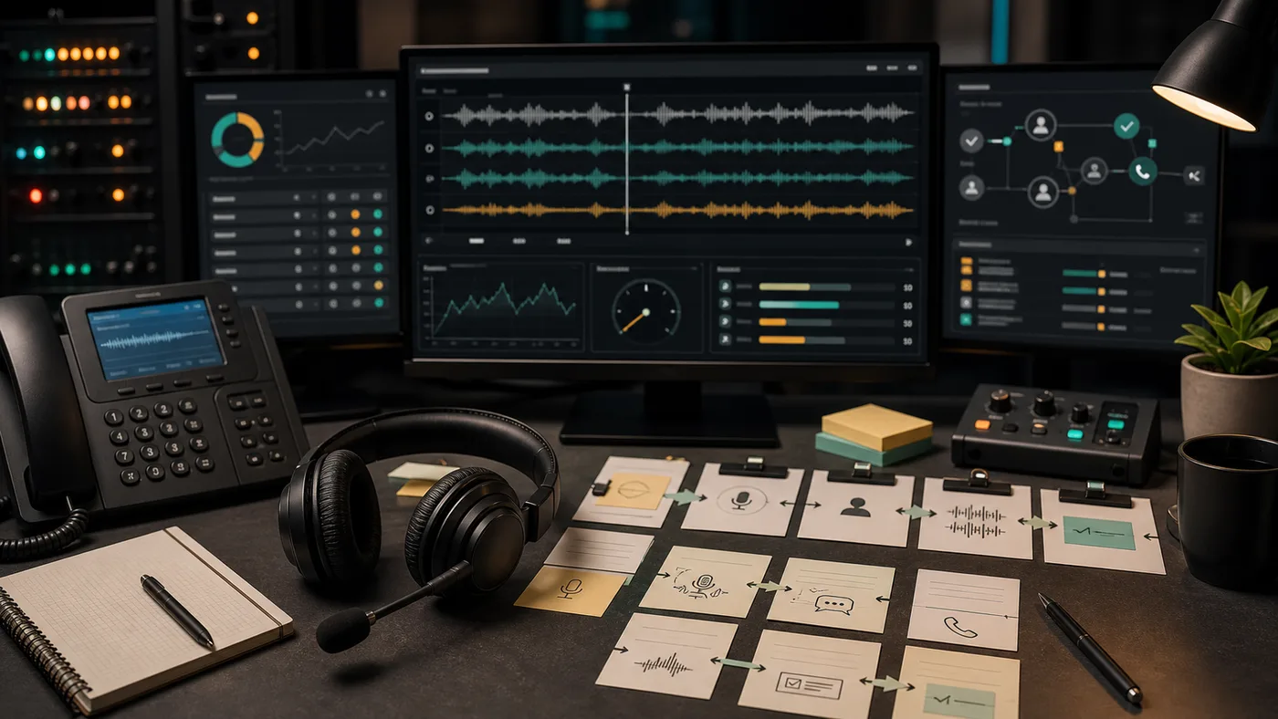 AI voice agent call testing workstation with waveform timelines, routing notes, and call monitoring screens.